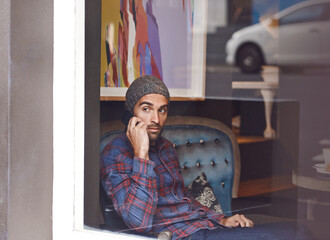 Leinwandbilder - Phone call, serious and man by cafe window for communication, conversation or networking. Confident, technology and person talking for mobile discussion with cellphone in coffee shop or restaurant.