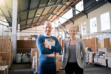 Aufkleber - Confidence, portrait and business people in factory together with package, logistics and distribution. Export, commerce and service team at cargo storage warehouse with clipboard, pride and smile