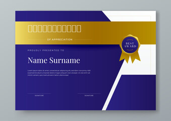 Blue white and gold vector award certificate template fancy modern abstract for corporate. For appreciation, achievement, awards, education, competition, diploma template