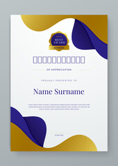 Blue white and gold vector professional and modern award corporate certificate design template. For award, business, diploma, workshop, award, graduation, completion, competition and education