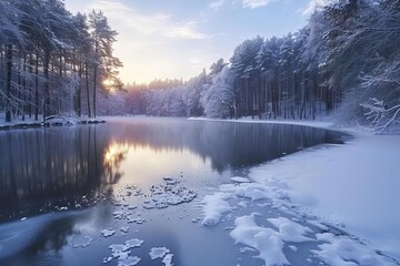Wall Mural - Serene winter landscape with a frozen lake surrounded by frost-covered trees in a snowy forest at sunrise, seasonal nature photography