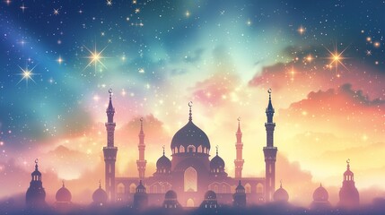 Wall Mural - Cinematic dreamy pastel starry Ramadan kareem eid islamic mosque background illustration colorful for wallpaper, poser and greeting card.