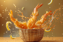 A Stylized Photo Of Crispy Shrimp Tempura Bursting Energetically From A Woven Basket, Along With Dipping Sauce Splatters And Lemon Zest, Set Against A Matte Olive Background.