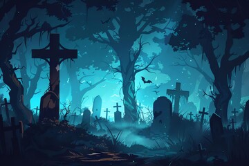 Wall Mural - Spooky Graveyard in Dark Forest on Halloween Night, Horror Concept Illustration