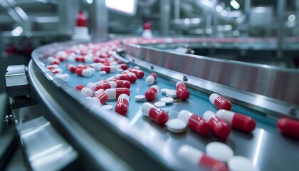 Aufkleber - A focused view captures the rapid operation of a pharmaceutical production line as capsules are filled, highlighting cutting-edge technology and productivity