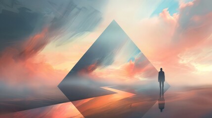 Wall Mural - Illustration of man walking on Penrose triangle, surreal concept
