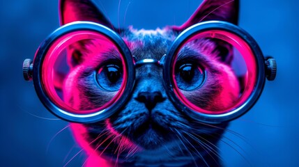 Poster -  A clear photo of a feline wearing glasses against a solid azure backdrop