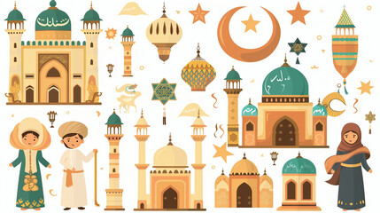 Ramadan clip art - set of Ramadan cartoon characters and design elements, such as traditional Islamic ornaments such as geometric patterns