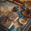 Creative arrangement of travel accessories, including a world map, a vintage compass, stylish sunglasses, and a leather passport holder, laid out on a suitcase created with Generative AI Technology