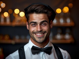 Wall Mural - A man wearing a black vest and a white shirt with a bow tie is smiling