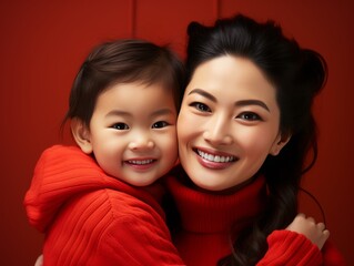 Wall Mural - A woman and a child are smiling at the camera