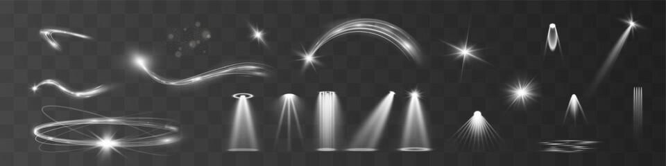 Wall Mural - Light white wave and spotlight shine effect,glow line sparkle shine. Silver white wavy effects.	