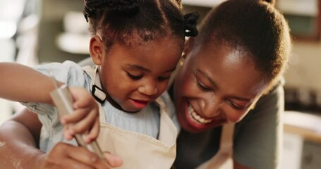 Canvas Print - African, child and baking with mom in kitchen and learning together in home with food in happy morning. Mother, teaching and kid helping with cooking or prepare cookies, dessert or mixing in bowl