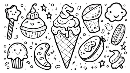 Poster - Retro cute cartoony scrapbook items black and white line art for coloring pages. Generative Ai
