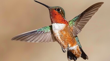 Wall Mural -  A hummingbird, with wings wide open and beak extended, flies in the air