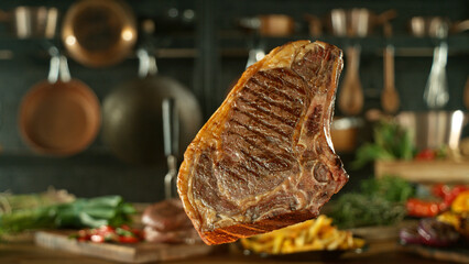 Wall Mural - Close-up of tasty beef steak flying above cast-iron grate with fire flames