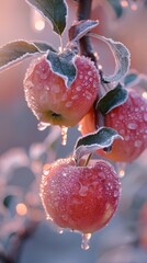 Wall Mural - A bunch of red apples hanging from a tree, with crisp frost and frozen rain drops.