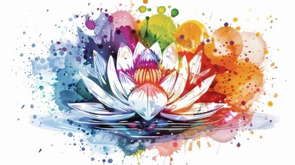 Wall Mural -  A watercolor painting of a lotus flower on a white background with a splash of red paint on the bottom of the image