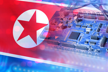 Aufkleber - Microplate with North Korea flag. Digital board from DPRK. Microelectronics production in North Korea. Supply of computer equipment. Microplate close up. Concept sanctions for PCB supplies. 3d image