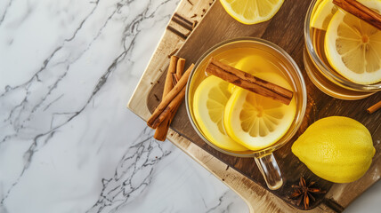 Two clear glass mugs of hot apple alcohol with cinnamon sticks and lemon slices sitting on top of an old wooden board on a marble surface Generative AI