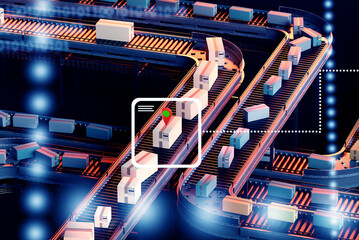 Poster - Automated conveyor. Industrial line with boxes. Parcels travel along warehouse conveyor. Logistics technologies. Conveyor belt. Automated fulfillment process. Logistics of goods. 3d image