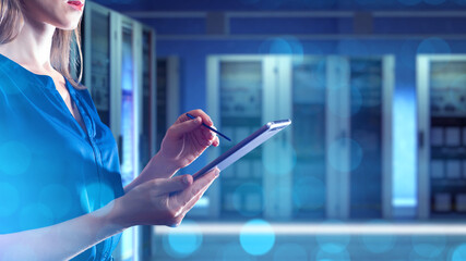 Poster - woman system administrator. girl in server room. data analyst with tablet computer. female manager s