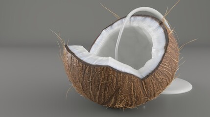 Wall Mural -  A split coconut sits on a white plate against a gray backdrop