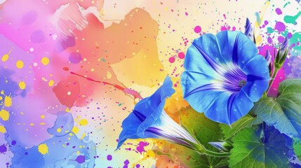  A vibrant blue blossom resting atop a verdant foliage background, with a multicolored paint-splashed backdrop