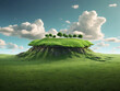 A hovering patch of land covered in lush green grass and exposed soil design, with a flying grassy texture and a vacant field, all depicted in a 3D rendering against a backdrop of clouds