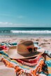 A breezy, sunlit scene of a wide-brimmed straw hat and oversized sunglasses resting on a soft, sandy beach, clear blue sky, evoking the ultimate summer relaxation created with Generative AI Technology