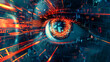 A cybernetic eye concept with intricate digital graphics illustrating futuristic technological surveillance