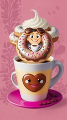 Sticker - coffee with donut closeup in mascot style