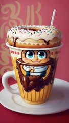 Poster - coffee with donut closeup in mascot style