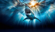 Great White Shark, an apex ocean predator swimming underwater towards prey