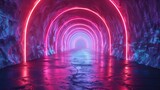 Fototapeta Przestrzenne - 3d render, abstract neon background with colorful glowing light rings in the dark tunnel, empty space for text or product presentation mock up. Generative AI