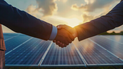 Two businessmen shaking hands at a solar panel farm, representing a green energy agreement