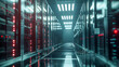 Advanced technology server room with rows of illuminated racks providing a glimpse into the digital data storage and management