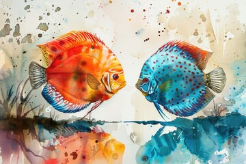 Poster - A painting of two colorful fish on a white surface, watercolor illustration, orange and blue discus fish in aquarium.