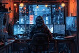 A hacker in a hoodie sitting at a desk with three monitors on it, working to break into systems of the company. The room is dark and has studio lights hanging from the ceiling. In the background there