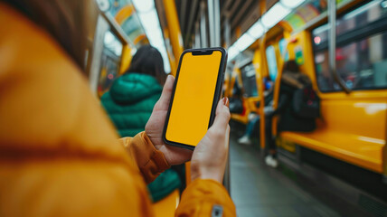 A woman is holding a phone in a subway car. Close-up photo of a girl's hand holding an iPhone inside a yellow subway car, with the focus on the phone's screen displaying a yellow screen