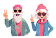 senior man and woman in sunglasses and pink baseball cap Happy hipster