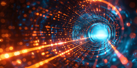Poster - Abstract background with glowing light rays and digital lines, representing speed of data transfer in information technology concept. Digital motion tunnel or wormhole in space. Abstract futuristic 