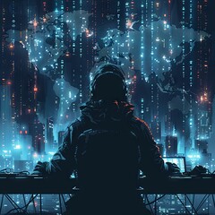 Wall Mural - Hacker in a black hoodie sitting at a table with a laptop, on a dark background. Cultivating an atmosphere of mystery and intrigue. The use of shadows adds to the overall sense of anticipation associa