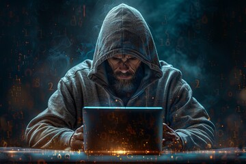 Wall Mural - Hacker in a hoodie sitting at a table with a laptop and code background, in the style of an anonymous hacker concept, computer crime on a dark blue color background. Generative AI