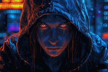 Wall Mural - Hacker in a black hoodie sitting at a table with a laptop, on a dark background. Cultivating an atmosphere of mystery and intrigue. The use of shadows adds to the overall sense of anticipation associa