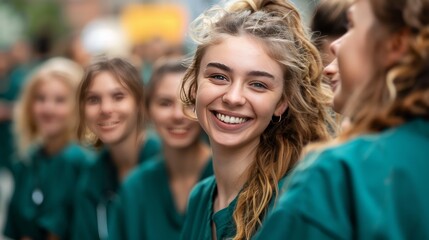 Canvas Print - A group of women wearing green scrubs are smiling and posing for a picture