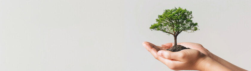 Photo of a person's hands holding a small tree, against a white background, symbolizing care for the environment and growth.