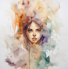 Wall Mural - beautiful girl face portrait, watercolor style