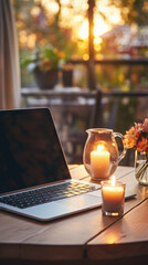 Canvas Print - Laptop on a wooden table in a cafe, with a burning candle and a bouquet of flowers