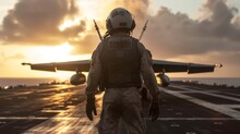 View Of The Silhouette Of A Military Pilot Standing On An Aircraft Carrier